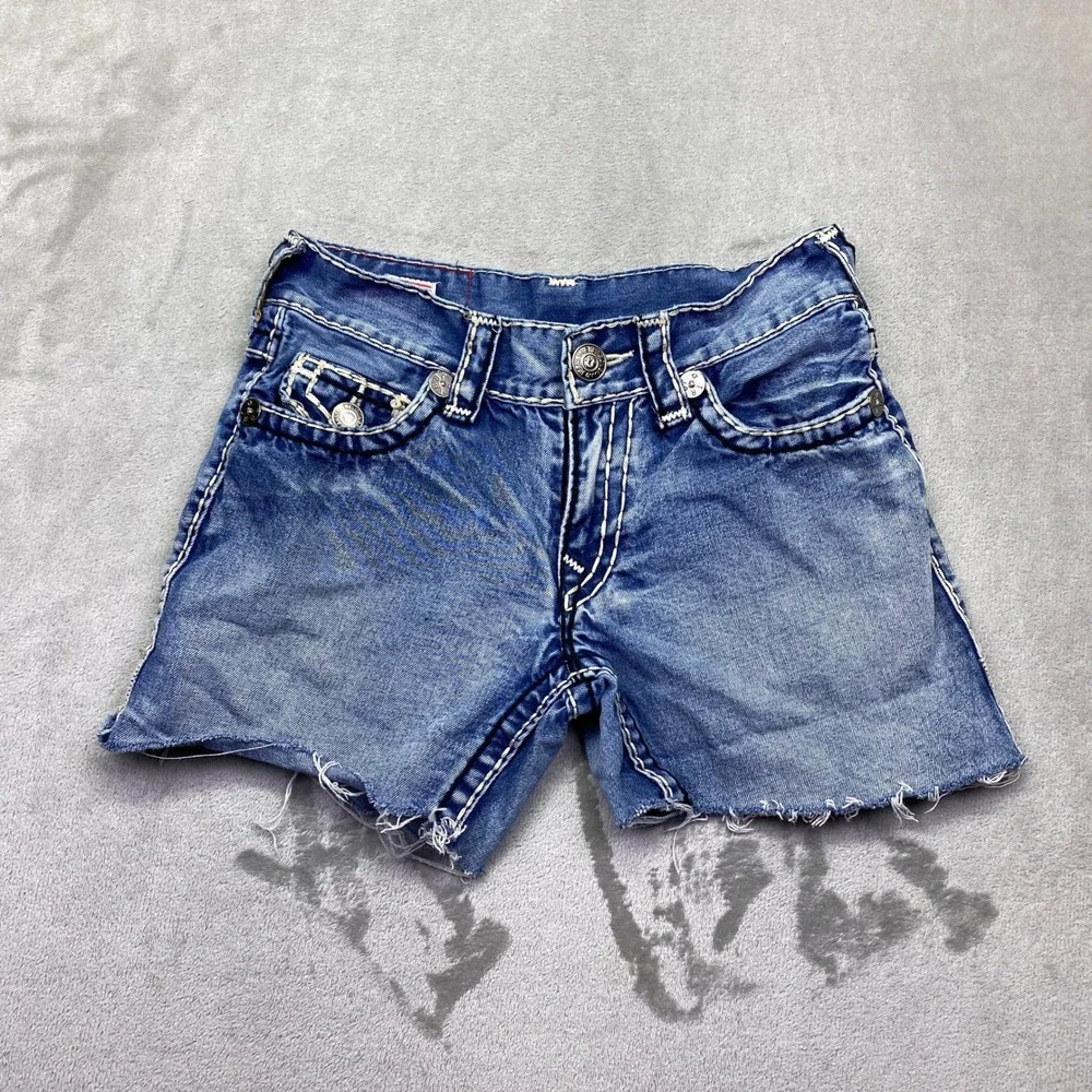 True Religion Ricky‎ Super T Blue Denim Cutoff Shorts Mens 29 Contrast Stitch